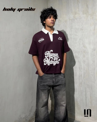 Men in 'Humans After Midnight' Red Wine Graphic Printed Half Sleeve Polo T-Shirt HG x Sullitt - Front