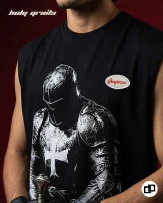 Men in 'Knight Armor' Black 240 GSM 100% Cotton Sleeveless Tank Top HG x Grey Hound - Front Close