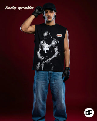 Men in 'Knight Armor' Black 240 GSM 100% Cotton Sleeveless Tank Top HG x Grey Hound - Front Full Holding Cap