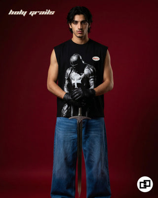 Men in 'Knight Armor' Black 240 GSM 100% Cotton Sleeveless Tank Top HG x Grey Hound - Front Fold Holding Sword