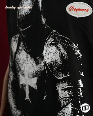 Men in 'Knight Armor' Black 240 GSM 100% Cotton Sleeveless Tank Top HG x Grey Hound - Front Print Close Up