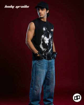 Men in 'Knight Armor' Black 240 GSM 100% Cotton Sleeveless Tank Top HG x Grey Hound - Front Side Full