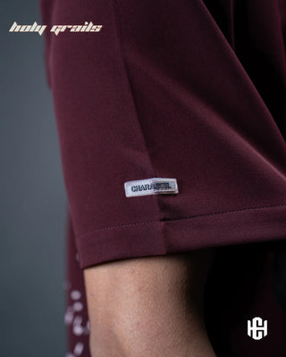 Men in 'Love Has To Wait' Cherry Red 280 GSM Banana Crepe Screen Printed Half Sleeve Shirt HG x Charactr - Sleeve Close Up