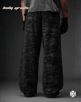 Men in 'Manushya Karam' Black Unisex 320 GSM 100% Cotton Fleece Digital Printed Baggy Pants HG x Charactr - Back