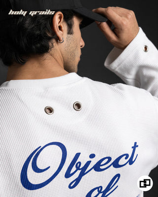 Men in 'Object Of Desire' White 100% Cotton Waffle Knit Fabric Screen Print Oversize Full Sleeve T-Shirt HG x Grey Hound - Back Collar Close Up