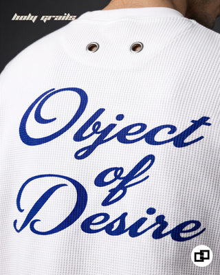 Men in 'Object Of Desire' White 100% Cotton Waffle Knit Fabric Screen Print Oversize Full Sleeve T-Shirt HG x Grey Hound - Back Print Close Up