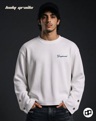 Men in 'Object Of Desire' White 100% Cotton Waffle Knit Fabric Screen Print Oversize Full Sleeve T-Shirt HG x Grey Hound - Front