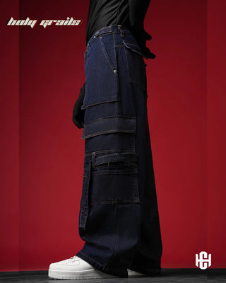 Men in 'Raw Denim' Unisex Deep Blue 100% Premium Raw Denim Baggy Pants HG x Charactr - Back Side