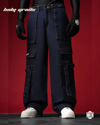 Men in 'Raw Denim' Unisex Deep Blue 100% Premium Raw Denim Baggy Pants HG x Charactr - Front