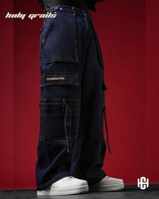 Men in 'Raw Denim' Unisex Deep Blue 100% Premium Raw Denim Baggy Pants HG x Charactr - Front Side 1