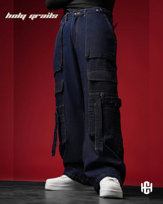 Men in 'Raw Denim' Unisex Deep Blue 100% Premium Raw Denim Baggy Pants HG x Charactr - Front Side 2