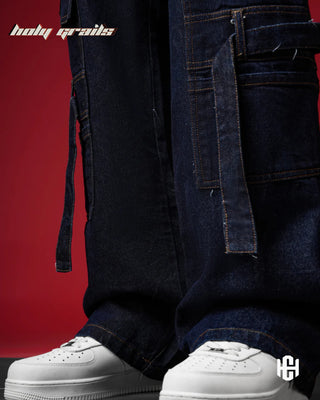 Men in 'Raw Denim' Unisex Deep Blue 100% Premium Raw Denim Baggy Pants HG x Charactr - Front Side 2 Close Up