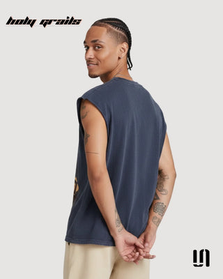 Men in 'Reclaim' Blue Acid Wash Graphic Printed Sleeveless Tank Top HG x Sullitt - Back Side