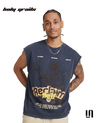 Men in 'Reclaim' Blue Acid Wash Graphic Printed Sleeveless Tank Top HG x Sullitt - Front