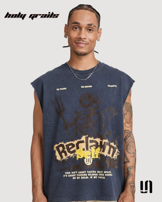 Men in 'Reclaim' Blue Acid Wash Graphic Printed Sleeveless Tank Top HG x Sullitt - Front Close