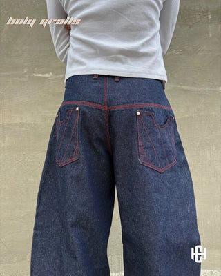 Men in 'Recode Barrel' Blue Indigo Wash Premium Structured Denims Barrel Leg Jeans HG x Charactr - Back Close
