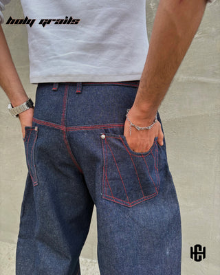 Men in 'Recode Barrel' Blue Indigo Wash Premium Structured Denims Barrel Leg Jeans HG x Charactr - Back Close Up
