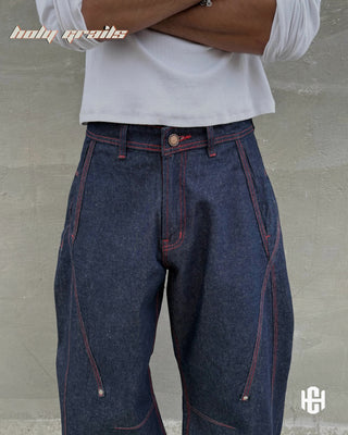 Men in 'Recode Barrel' Blue Indigo Wash Premium Structured Denims Barrel Leg Jeans HG x Charactr - Front Close