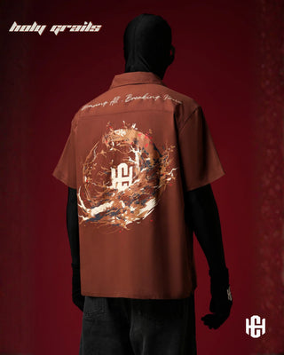 Men in 'Rooted Bowling' Earth Brown Cotton Twill Graphic Print Half Sleeve Shirt HG x Charactr - Back