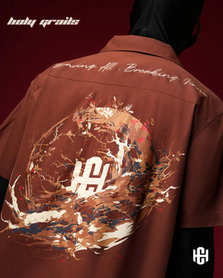 Men in 'Rooted Bowling' Earth Brown Cotton Twill Graphic Print Half Sleeve Shirt HG x Charactr - Back Close Up