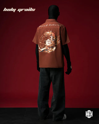 Men in 'Rooted Bowling' Earth Brown Cotton Twill Graphic Print Half Sleeve Shirt HG x Charactr - Back Full