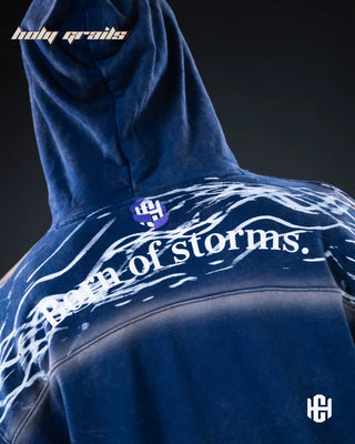 Men in 'Storm Dust' Storm Blue & Grey 400 GSM 100% French Terry Cotton Oversize Hoodie HG x Charactr - Back Print Close Up