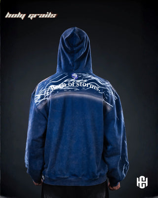 Men in 'Storm Dust' Storm Blue & Grey 400 GSM 100% French Terry Cotton Oversize Hoodie HG x Charactr - Back with Hood On