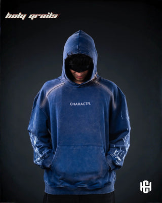 Men in 'Storm Dust' Storm Blue & Grey 400 GSM 100% French Terry Cotton Oversize Hoodie HG x Charactr - Front with Hood On