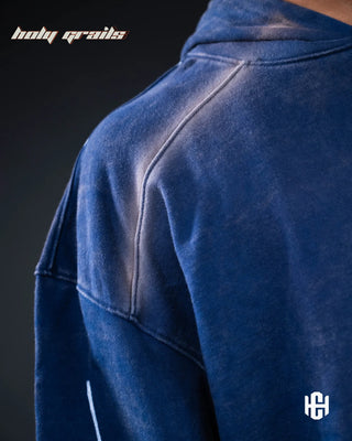 Men in 'Storm Dust' Storm Blue & Grey 400 GSM 100% French Terry Cotton Oversize Hoodie HG x Charactr - Shoulder Acid Wash Close Up