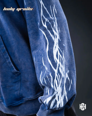 Men in 'Storm Dust' Storm Blue & Grey 400 GSM 100% French Terry Cotton Oversize Hoodie HG x Charactr - Side Sleeve Print Close Up