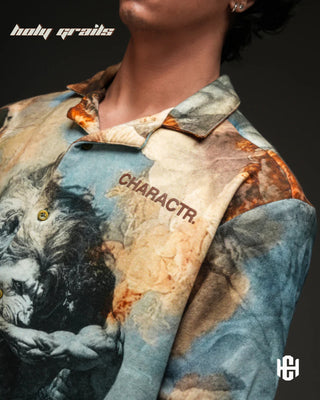 Men in 'The Ahankar' Multi-Color 240 GSM 100% French Terry Cotton Digital Print Half Sleeve Shirt HG x Charactr - Front Close Up