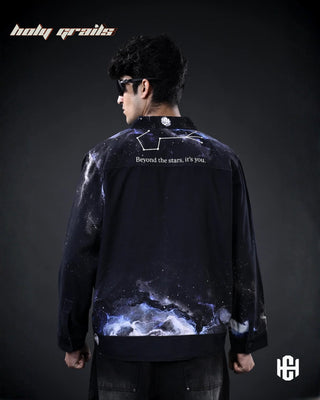Men in 'The Cosmic' Midnight Black Cotton Twill Oversize Zipper Jacket HG x Charactr - Back