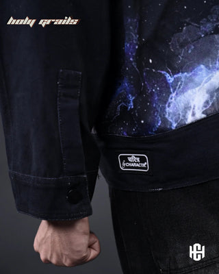 Men in 'The Cosmic' Midnight Black Cotton Twill Oversize Zipper Jacket HG x Charactr - Back Branding Close Up