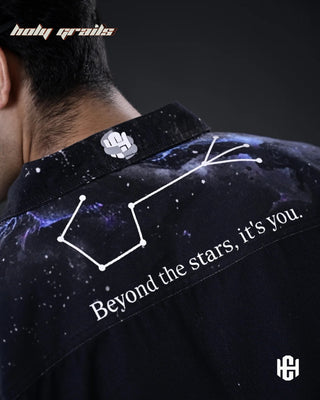 Men in 'The Cosmic' Midnight Black Cotton Twill Oversize Zipper Jacket HG x Charactr - Back Print Close Up