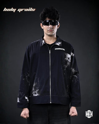 Men in 'The Cosmic' Midnight Black Cotton Twill Oversize Zipper Jacket HG x Charactr - Front