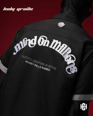 Men in 'The Dark Millionare' Black 280 GSM Banana Crepe Screen Printed Half Sleeve Shirt HG x Charactr - Back Close Up