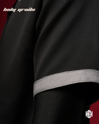 Men in 'The Dark Millionare' Black 280 GSM Banana Crepe Screen Printed Half Sleeve Shirt HG x Charactr - Sleeve Close Up