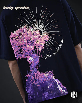 Men in 'The Destiny' Navy Blue 240 GSM 100% French Terry Cotton Screen Printed Graphic Oversize T-Shirt HG x Charactr - Back Close