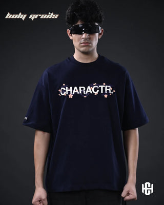 Men in 'The Destiny' Navy Blue 240 GSM 100% French Terry Cotton Screen Printed Graphic Oversize T-Shirt HG x Charactr - Front
