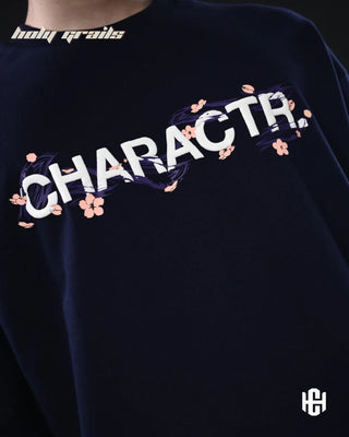 Men in 'The Destiny' Navy Blue 240 GSM 100% French Terry Cotton Screen Printed Graphic Oversize T-Shirt HG x Charactr - Front Close Up