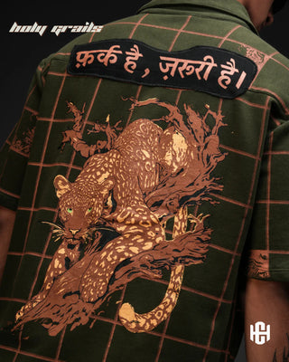 Men in 'The Faraq' Olive Green & Warm Brown 240 GSM 100% French Terry Cotton Digital Print Half Sleeve Shirt HG x Charactr - Back Close Up
