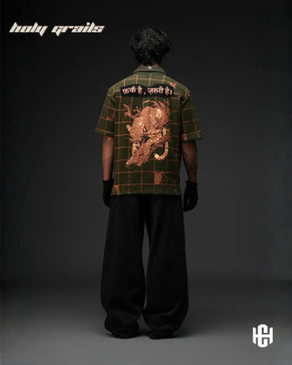 Men in 'The Faraq' Olive Green & Warm Brown 240 GSM 100% French Terry Cotton Digital Print Half Sleeve Shirt HG x Charactr - Back Full