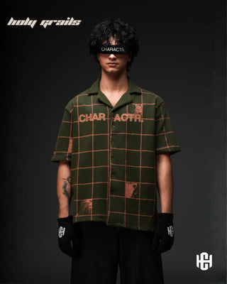 Men in 'The Faraq' Olive Green & Warm Brown 240 GSM 100% French Terry Cotton Digital Print Half Sleeve Shirt HG x Charactr - Front