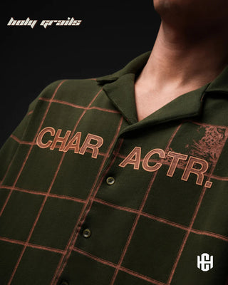 Men in 'The Faraq' Olive Green & Warm Brown 240 GSM 100% French Terry Cotton Digital Print Half Sleeve Shirt HG x Charactr - Front Close Up