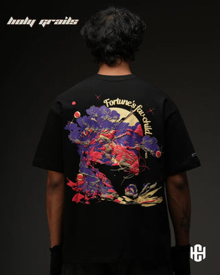 Men in 'The Fortune' Black 240 GSM 100% Terry Cotton Puff Print Graphic Oversize T-Shirt HG x Charactr - Back