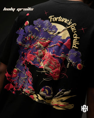 Men in 'The Fortune' Black 240 GSM 100% Terry Cotton Puff Print Graphic Oversize T-Shirt HG x Charactr - Back Close Up