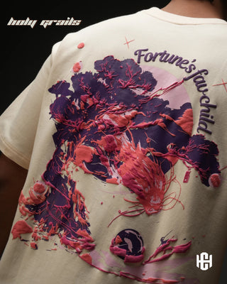 Men in 'The Fortune' Cream 240 GSM Terry Cotton Puff Print Graphic Oversize T-Shirt HG x Charactr - Back Close Up