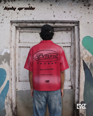 Men in 'The Legacy' Red Heavyweight Twill Printed Oversize Half Sleeve Shirt HG x Pvt Ltd - Back