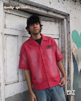 Men in 'The Legacy' Red Heavyweight Twill Printed Oversize Half Sleeve Shirt HG x Pvt Ltd - Front