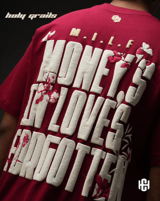 Men in 'The Milf' Maroon 240 GSM Terry Cotton Puff Printed Graphic Oversized T-Shirt HG x Charactr - Back Close Up